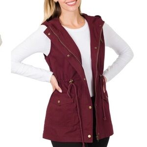 Zenana Burgundy Military 100% Cotton Zip Up Drawstring Waist Hooded Vest